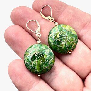 Vintage 14K Yellow Gold Green Cloissone' Chandelier Pierced Earrings